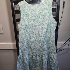 Floral Sleeveless Dress - Green And White Peplum Style